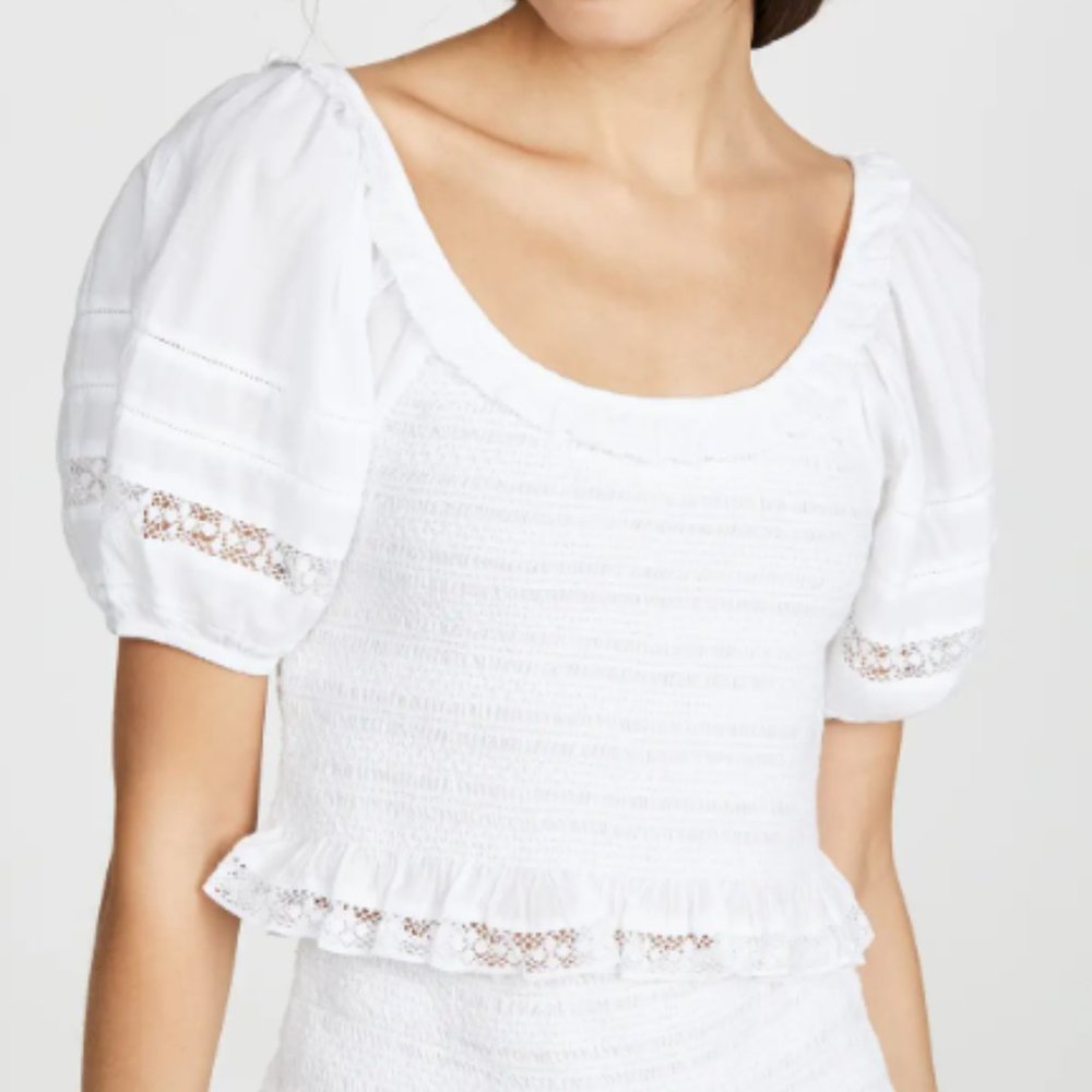 LoveShackFancy Women's Molly Short Sleeve Boat Neck Top, Size L - White